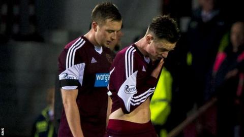 Hearts defenders Danny Wilson and Kevin McHattie look disconsolate