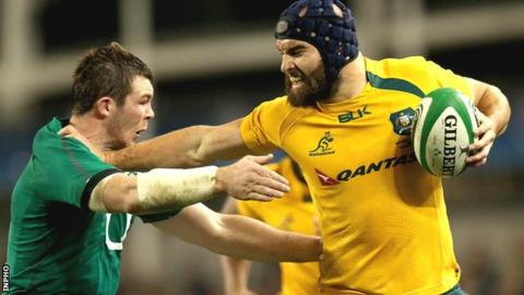 Ireland's Peter O'Mahony is held off by Scott Fardy of Australia in last month's game