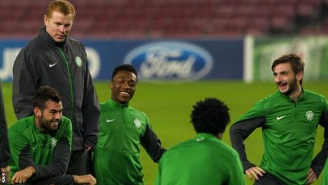 Celtic manager Neil Lennon oversees training in the Nou Camp