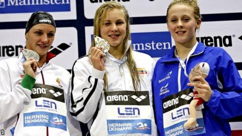 Katinka Hosszu from Hungary, left, Ruta Meilutyte from Lithuania, centre, and Siobhan-Marie O'Connor from Britain