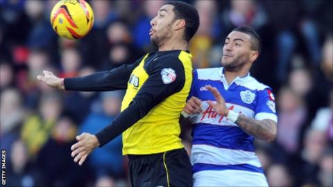 Watford's Troy Deeney and QPR's Danny Simpson