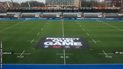 A banner from Welsh regional supporters protesting against the WRU in the ongoing dispute between the two sides