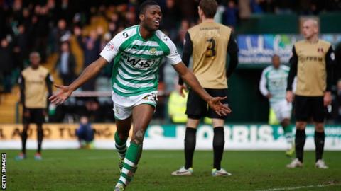 Yeovil's Joel Grant celebrates scoring in the FA Cup tie with Leyton Orient