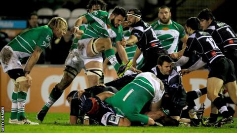 Chris York of Newcastle Falcons tries to dig the ball out during the Amlin Challenge Cup match between Newcastle Falcons and Brive
