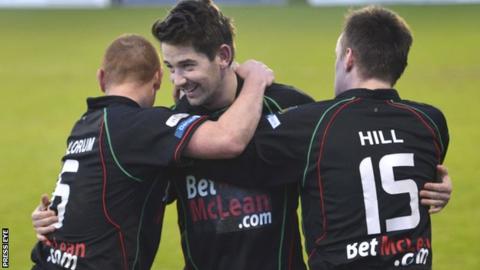 Curtis Allen celebrates scoring against Portadown on his Glentoran debut