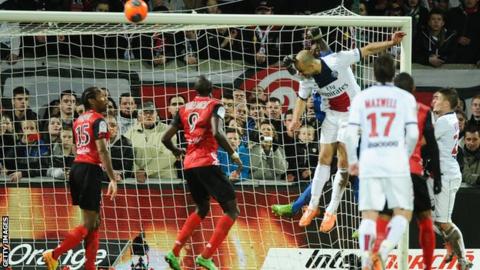 Alex heads in a late equaliser for Paris St-Germain at Guincamp