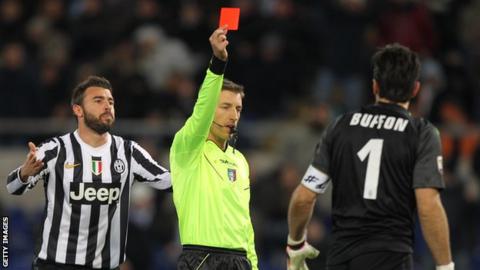 Juventus goalkeeper Gianluigi Buffon is sent off against Lazio.