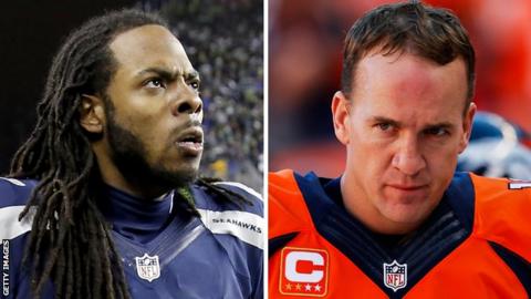 Richard Sherman (left) of the Seattle Seahawks faces Denver Broncos' Peyton Manning in Super Bowl XLVIII