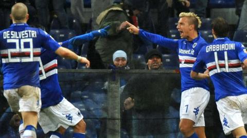 Sampdoria striker Maxi Lopez celebrates his goal against Genoa