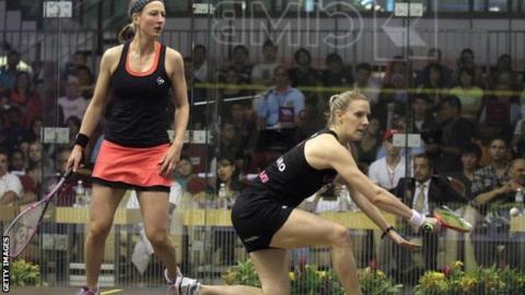 Laura Massaro of England (R) hits a return against compatriot Alison Waters