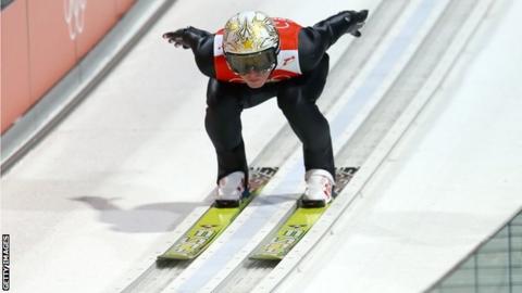 Thomas Morgenstern of Austria takes part in the Men's Normal Hill Individual Ski Jumping training ahead of the Sochi 2014 Winter Olympics at the RusSki Gorki Ski Jumping.