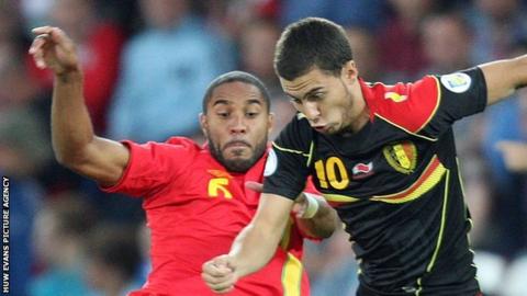 Wales' Ashley Williams and Eden Hazard of Belgium