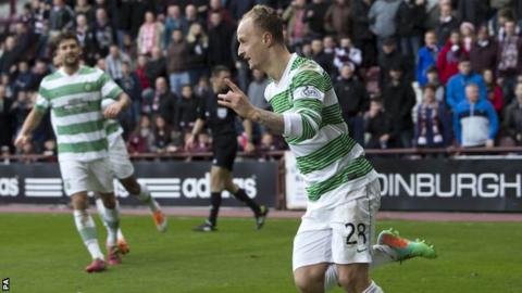 Celtic striker Leigh Griffiths celebrates scoring against Hearts