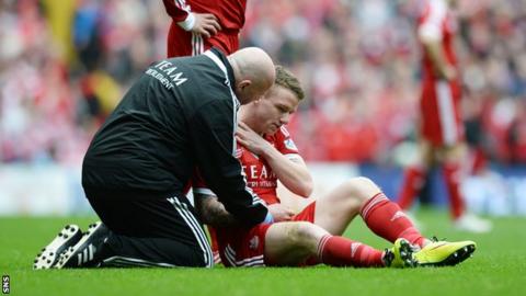 Aberdeen winger Jonny Hayes is injured at Celtic Park