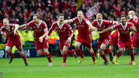 Aberdeen players celebrate following their penalty shoot-out win over Inverness