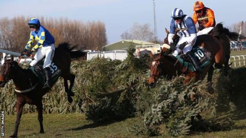 2013 Grand National: Auroras Encore clears the last fence ahead of Teaforthree