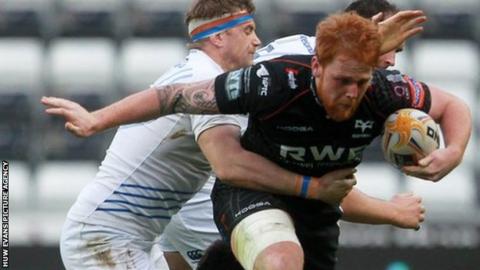 Dan Baker takes on Leinster for Ospreys in the Pro12