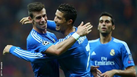 Gareth Bale celebrates with Cristano Ronaldo