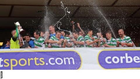 TNS players celebrate their eighth Welsh Premier title