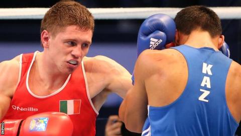 Ireland's Jason Quigley in action against Zanibek Alimkhanuly of Kazakhstan