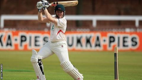 Leicestershire batsman Niall O'Brien hits the ball towards the boundary on his way to a century against Glamorgan