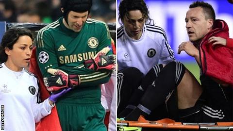 Chelsea duo Petr Cech (left) and John Terry with injuries sustained in first leg of Champions League semi-final against Atletico Madrid