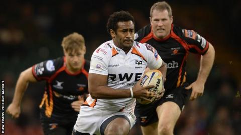 Aisea Natoga of Ospreys on the attack against the Newport Gwent Dragons