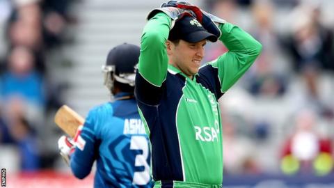 Gary Wilson shows his frustration during the Sri Lankan inning at Clontarf on Tuesday