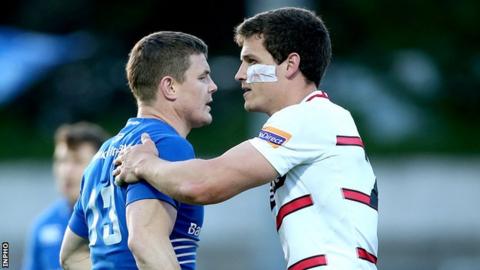 Brian O'Driscoll and Edinburgh's Grayson Hart after the final whistle at the RDS