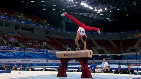 Great Britain's Max Whitlock wins gold in the pommel horse at the European Championships in Sofia, Bulgaria.