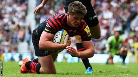 Saracens Owen Farrell scores a disallowed try in the Premiership Final against Northampton