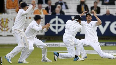 Alastair Cook and the England fielders react after an edge off the final ball falls just short of second slip
