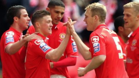 Max Clayton celebrates his goal for Crewe in their Johnstone's Paint Trophy final win at Wembley, April 2013
