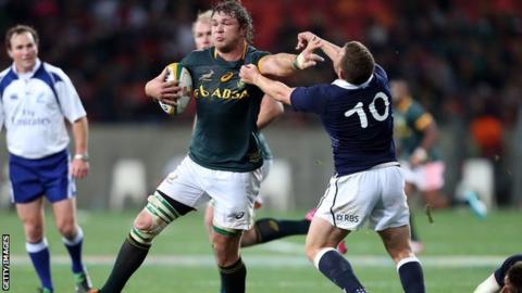 Duane Vermeulen brushes Scotland's Duncan Weir aside during the weekend Test