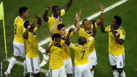 Colombia celebrate scoring against Uruguay on 28 June