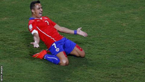 Alexis Sanchez celebrating a goal for Chile