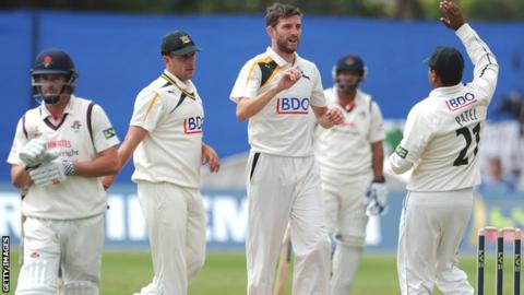 Harry Gurney celebrates with his Notts team-mates