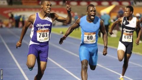 Zharnel Hughes (L) beat Yohan Blake's 100m record when he won the Schools Championships last weekend.
