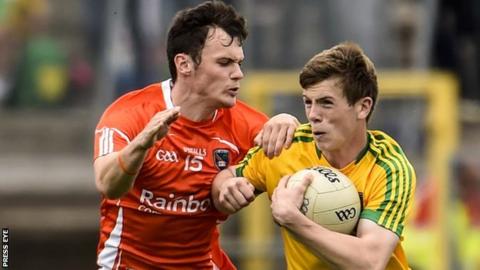 Caolan McConville and Eoghan Ban Gallagher contend for possession