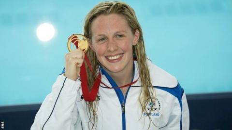 Team Scotland's Hannah Miley celebrates with her gold medal