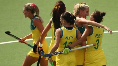 Australia celebrate a goal against England