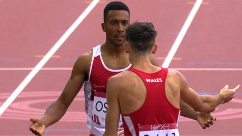 England's Andrew Osagie argues with Welshman Joe Thomas