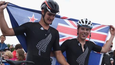 Anton Cooper (right) and Samuel Gaze celebrate New Zeland's one-two in the mountain biking cross-country