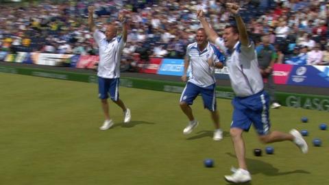 David Peacock, Paul Foster and Neil Speirs celebrate during the men's four final
