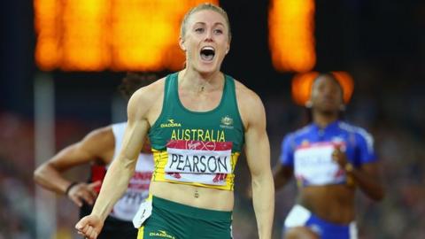 Australia's Sally Pearson wins the 100m hurdles