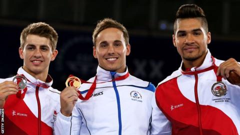 Gymnasts Max Whitlock, Daniel Keatings and Louis Smith