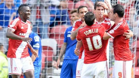 Middlesbrough players celebrate Daniel Ayala's goal