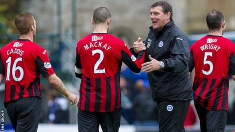 Manager Tommy Wright congratulates his St Johnstone players after Sunday's 2-1 win at Ross County