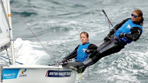 Hannah Mills and Saskia Clark of Great Britain sail on the Copacobana course