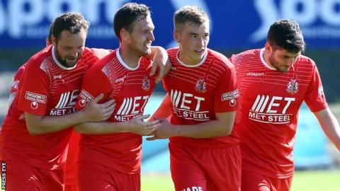 Portadown celebrated a 3-0 win over Linfield on the opening day of the season